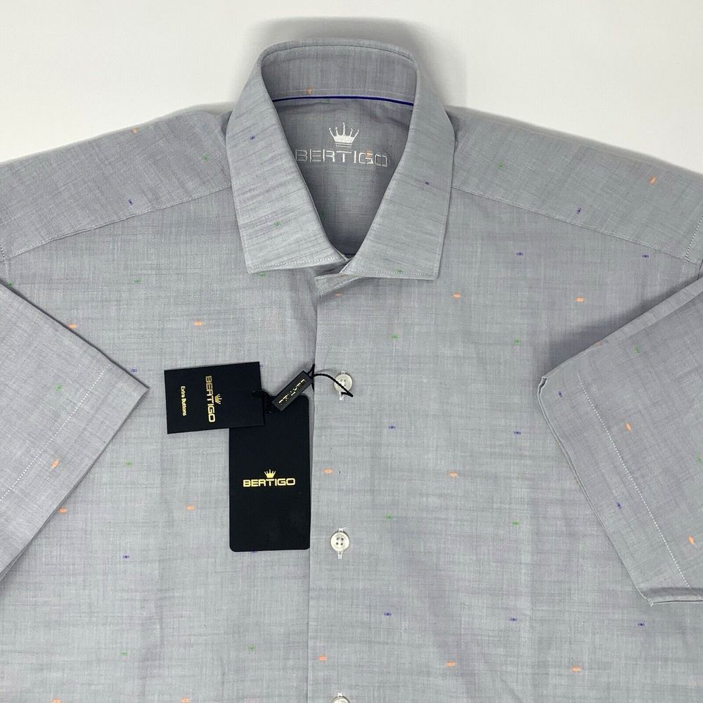 Bertigo Sunny Gray Linen Short Sleeve‎ Button Up Men's Shirt Size Small